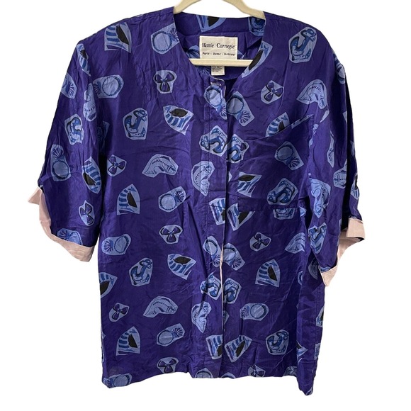 Vintage Hattie Carnegie Silk shirt Womens L short Sleeve Button Up purple Anchor - Picture 1 of 7